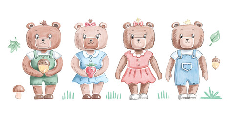 Set of cute bears rainbows and forest elements