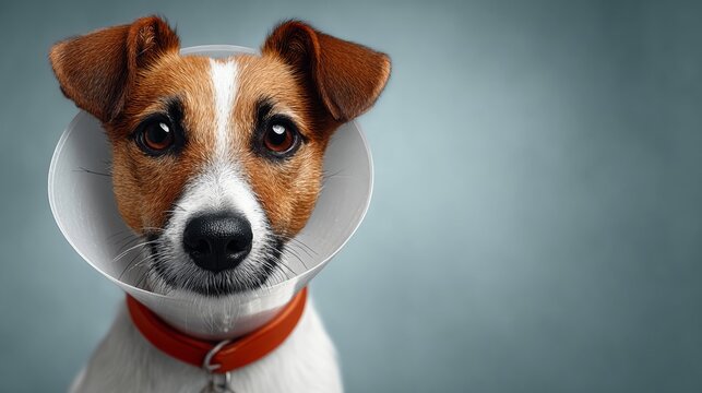 Dog wearing a protective cone collar with a displeased expression, set against a trendy color background, featuring a wide composition with ample copy space on the left side