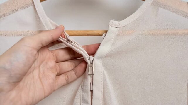 Medium shot of a lightweight camisole gently pulled from a hanger focusing on intricate closure details and breathable fabric.