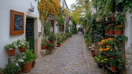 Charming Narrow Alley Framed by Colorful Blooming Vines in a Quaint European Village