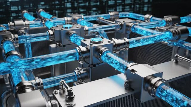 Complex metallic manifold with flowing bright blue liquid