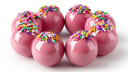 Obraz premium Cute mochi donut composed of eight glossy pink strawberry mochi balls arranged in a perfect circular ring, each topped with colorful elongated sprinkles for a delightful presentation