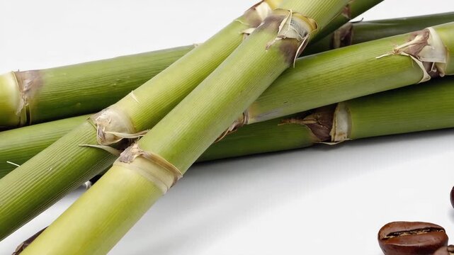 Green sugarcane stalks and coffee beans on a white background. Represents sugar production and agricultural economy in tropical regions.