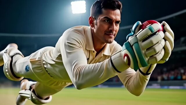 Cricket wicketkeeper diving save in stadium during international tournament match for championship promotion sports marketing campaign and broadcast advertisement concept