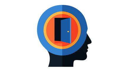 Obraz premium A silhouette of a human head in profile with a circular colorful graphic containing an open door floating inside the mind representing creativity and new ideas
