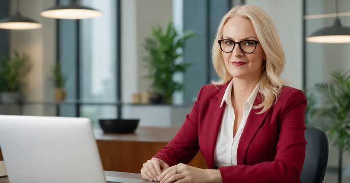 Cinematic portrait of a mature businesswoman working on a laptop in a modern office, warm side light, confident expression - ideal for corporate, leadership and remote work visuals.