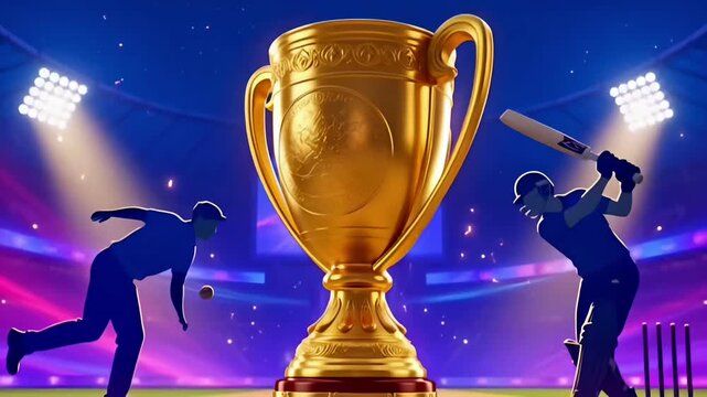 Cricket world cup trophy in stadium with player silhouettes dramatic lights and celebration atmosphere for sports event promotion branding and marketing campaign