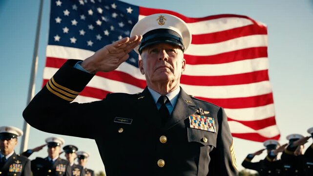U.S. military officers saluting American flag on parade ground