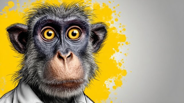 Cartoon monkey professor with yellow eyes wearing a white lab coat, set against a vibrant yellow splash background, showcasing a whimsical and engaging character design