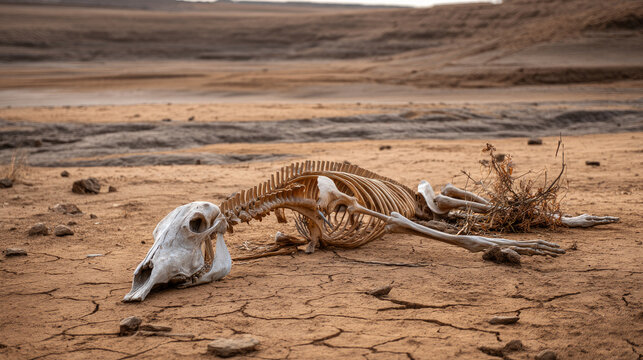 Skeleton of a cow lying in a drought-ravaged field. Water crisis and water shortages in summer during prolonged drought.