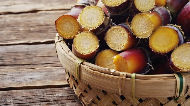 A basket filled with freshly harvested sugarcane stalks. The sugarcane is brown and yellow, resting on a rustic wooden surface. This represents tropical agriculture and sugar production.