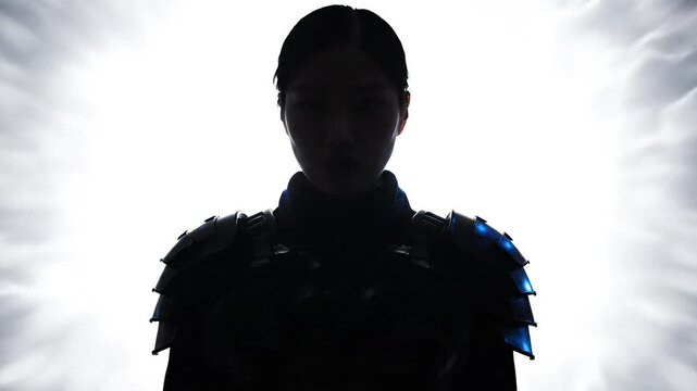 Silhouetted figure with futuristic armor stands against radiant white background