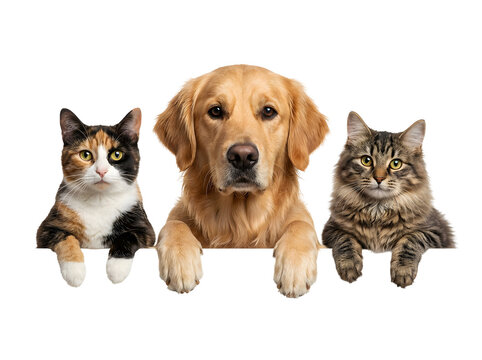 Three adorable companion pets, including a Golden Retriever dog and two domestic cats, peek over a blank surface against a black studio background