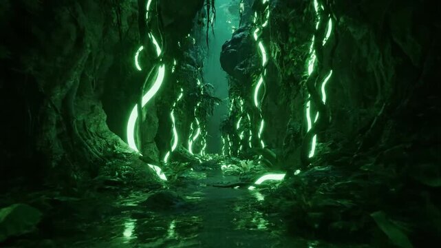 Mysterious Cave with Glowing Green Lights.