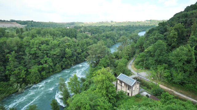 Aerial view on Adda river from Rocchetta sanctuary in Cornate d'Adda, Lombardy, Italy