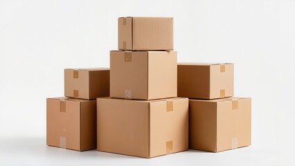 Assorted cardboard packaging boxes and tube containers isolated on white background, eco friendly kraft paper shipping and storage solutions