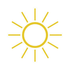 Simple yellow sun icon with straight rays isolated on white. Minimalist weather symbol for summer, heat, and sunshine concepts.