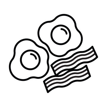 Minimalist line art illustration of two fried eggs and bacon strips, black and white food icon for menu and web design.