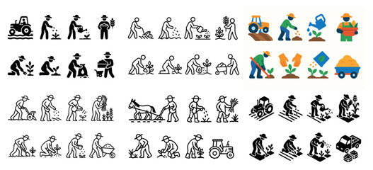 Fototapeta premium Farming icons set: agriculture tools and activities