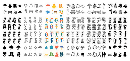 Colorful and black icons of people with umbrellas