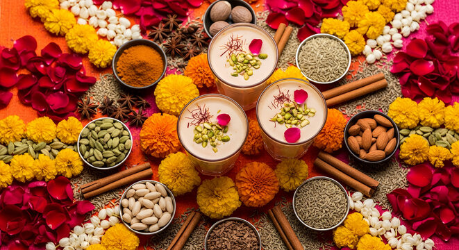 Thandai Festive Beverage Flat Lay Artistic Arrangement of Glasses With Flower Petals and Spices