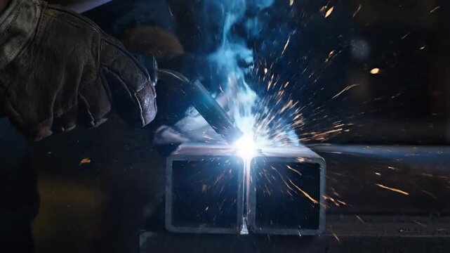 Close up of welder's hands with protective gloves creating sparks while welding metal Full HD 4k Video