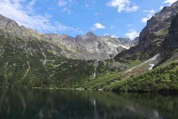 Mountain lake with forested slopes and rocky peaks under blue sky
