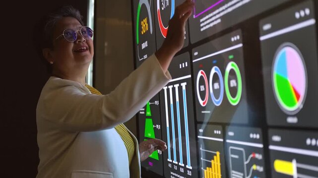 A professional uses a large touchscreen filled with colorful analytics dashboards, charts, and graphs, reviewing metrics and performance trends.