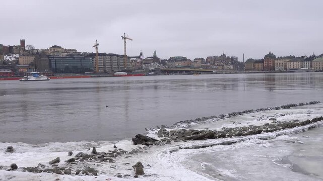 Stockholm, Sweden Due to low water levels in the frozen Baltic Sea, the skeleton of an old warship from the 1600s is exposed in the downtown near the Skeppsholmen and Kastellholmen islands.