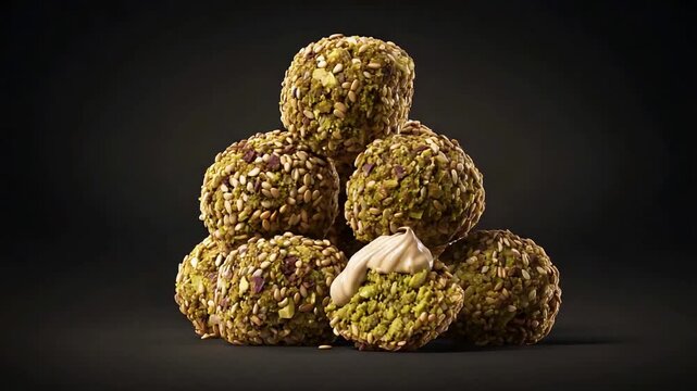 Gourmet Pistachio and Pine Nut Sweet Treats with Creamy Topping on Dark Background.