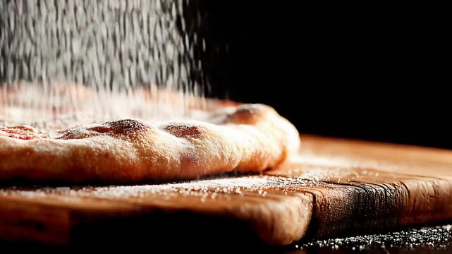 Powdered sugar falls delicately onto a freshly baked sweet bread dessert on a wooden board.