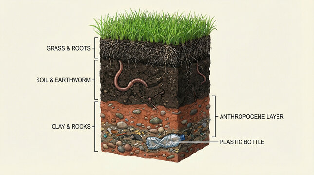 Soil layers diagram with plastic bottle pollution and text labels. Anthropocene concept illustration with earthworm and roots