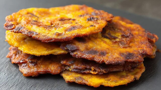 Delicious Stack of Golden Fried Plantain Fritters on a Dark Plate, Traditional Caribbean Snack.