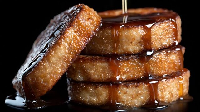 Golden French Toast Stack Drenched in Sweet Syrup, Delicious Dessert Breakfast on Black Background.
