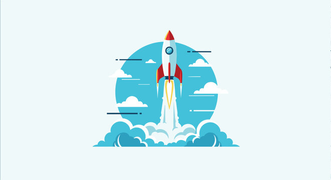 Colorful rocket ship taking off from a cloud of smoke with a bright teal moon and white clouds in the background.