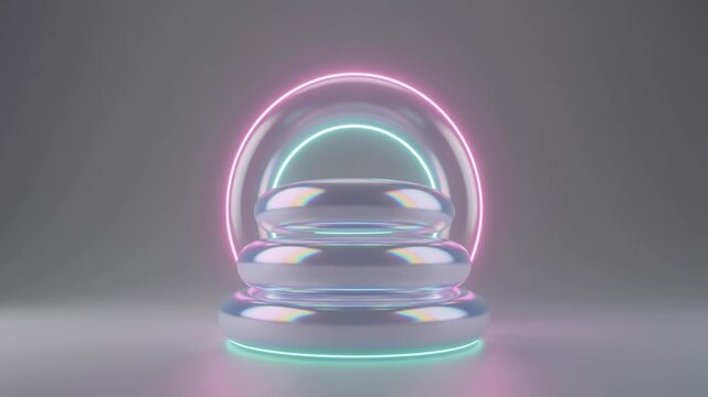 A neon-lit glass orb sits atop a stack of transparent circular platforms, glowing softly in a minimalist gray environment from a front viewpoint.