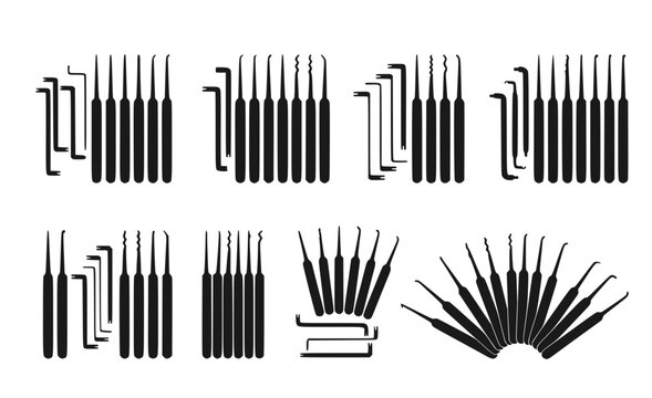 Lock Pick Tool Set - Black Silhouette of Tension Wrenches and Locksmith Picking Equipment Isolated on White