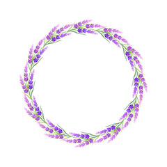 Lavender flowers wreath round, circle floral, Provence style. On white background.