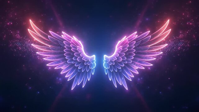 Glowing angel wings spread wide in a cosmic dance against a dark, starry night sky, viewed from a mystical perspective