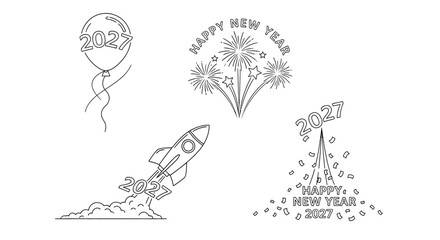 Fototapeta premium Happy New Year 2027 Rocket Launch & Fireworks Celebration Outline Icons