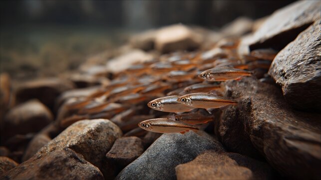 A school of tiny silver and orange fish swims in clear shallow water near river rocks