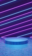Obraz premium Blue ribbed cylinder podium on water surface with diagonal glowing neon light lines background for product display