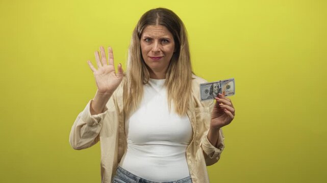 Woman holding us dollar banknote with raised palm stop gesture in studio against yellow wall; hesitation.
