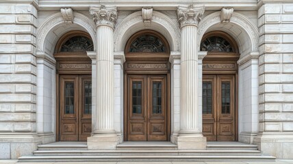 Obraz premium Classic Neoclassical Building Facade With White Columns and Ornate Doors Displaying Elegance