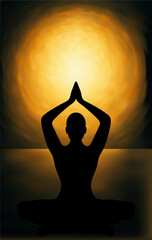 Silhouette of person meditating in yoga pose with glowing golden Sun light background, peace,  spirituality, meditation, yoga, zen, spiritual, calm, wellness, silhouette, Hinduism, Buddhism, vector
