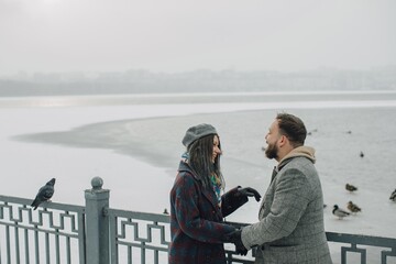 Couple sharing happy romantic moment in winter