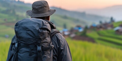 Fototapeta premium Backpacker Wearing Hat Looking over Lush Green Rice Terraces and Rural Valley Village Solo Travel and Slow Journey Scenic Exploration