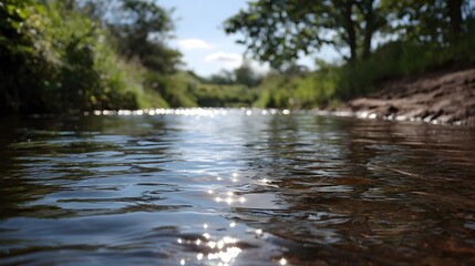 Naklejka premium Sunlight glints off a rippling stream surface bordered by lush green vegetation