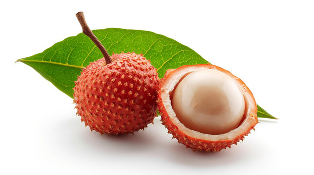 A detailed description of a fresh lychee fruit, showcasing one whole lychee with rough red skin and a short stem next to a halved lychee that reveals translucent white flesh and a glossy brown seed.