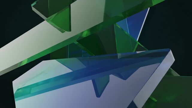 Abstract geometric arrangement of transparent green and blue planes, intersecting